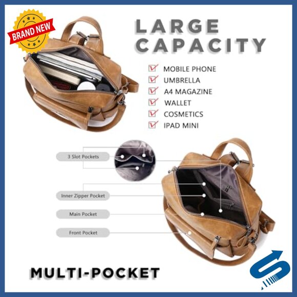 PU Leather Backpack Purse Multipurpose Travel Handbag Adjustable Strap - Picture 6 of 7